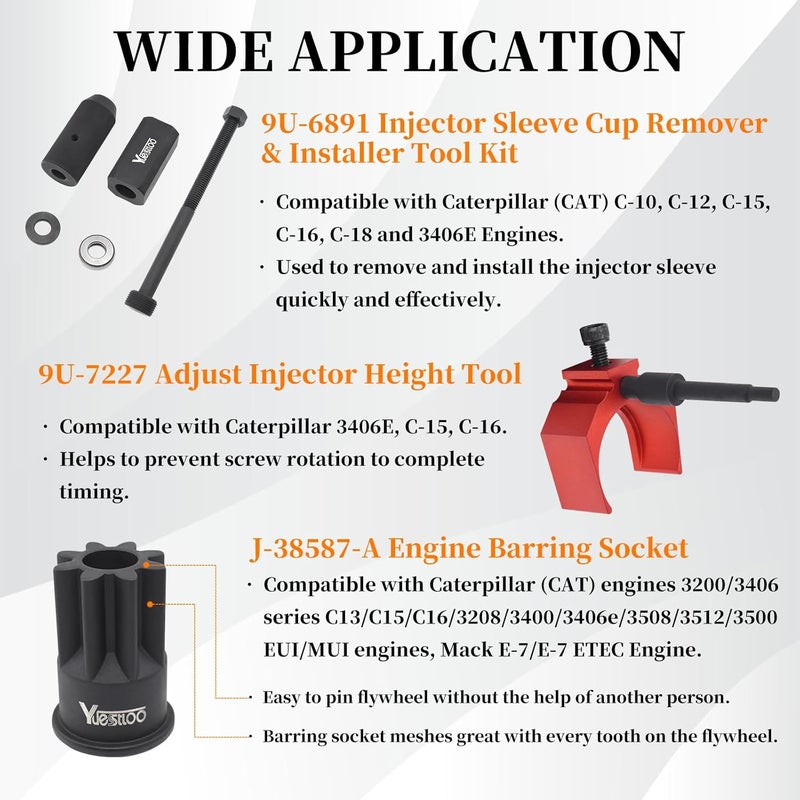 Yuesstloo 9U-6891 Injector Sleeve Remover Installer Set + J-42083 Automatic Timing Pin + 9U-7227 Injector Height Tool + J-38587-A Engine Barring Socket Fits for CAT Caterpillar 3406E C15 C16 Engines - Image 5